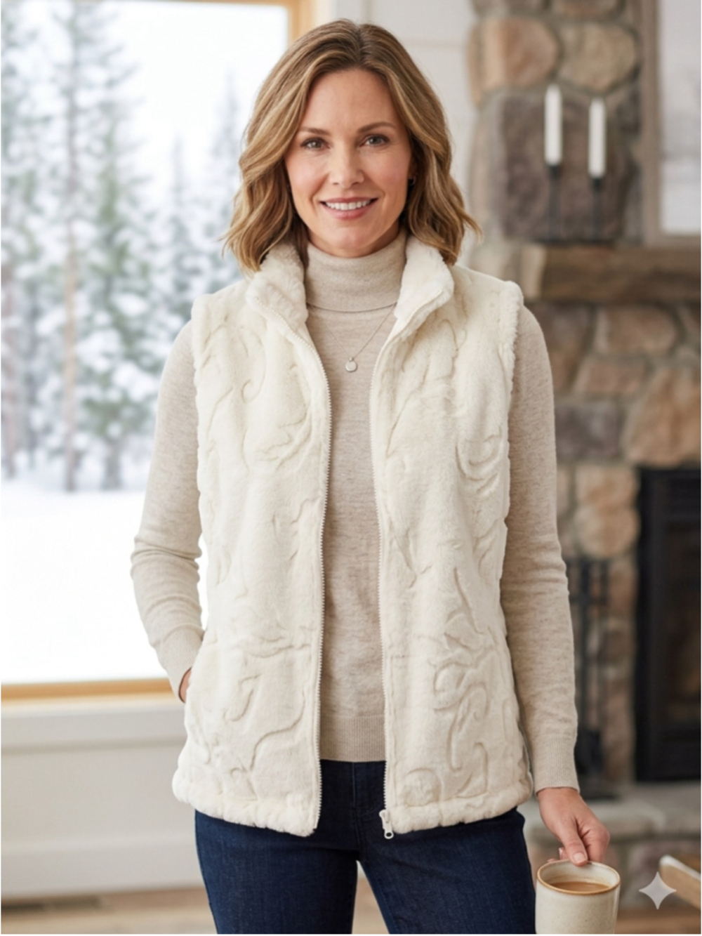 Ladies Coldwater Creek Cream Faux Fur Zip-Up Vest warm, trendy soft work 1358
